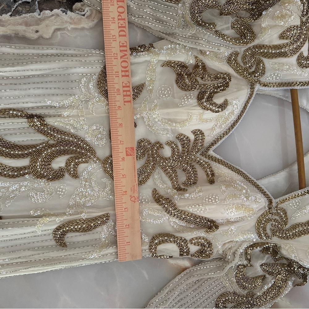 Vintage Alyce Designs Silk White and Gold Beaded Gown - Picture 3 of 13
